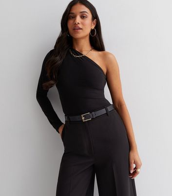 Black one shoulder long best sale sleeve bodysuit