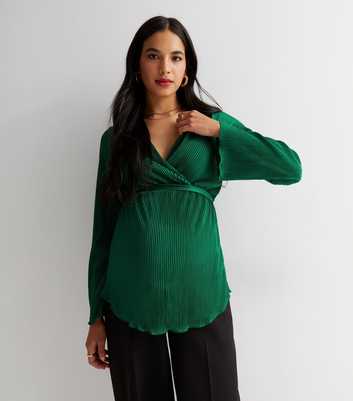 Maternity Dark Green Plissé Long Sleeve Wrap Top