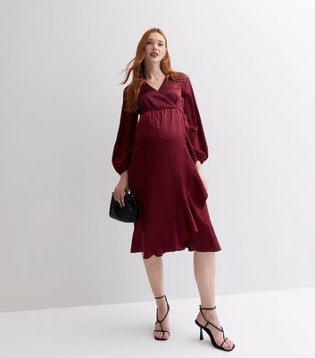 Maternity Burgundy Satin Midi Wrap Dress