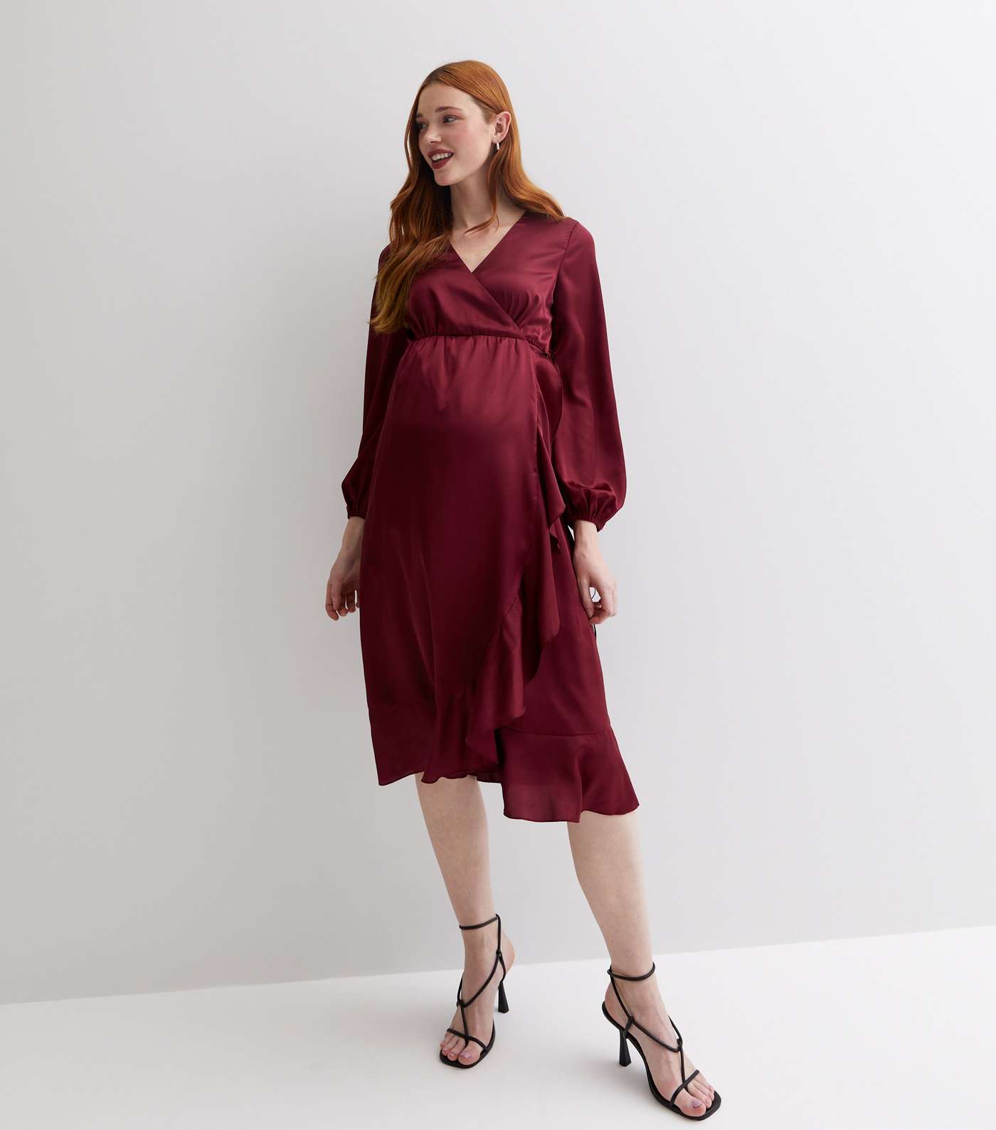 Maternity Burgundy Satin Midi Wrap Dress Image 2