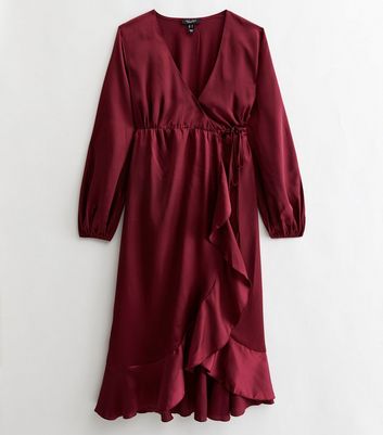 Maternity Burgundy Satin Midi Wrap Dress New Look
