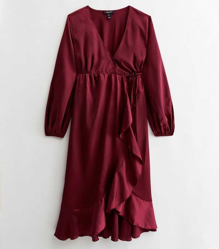 Maternity Burgundy Satin Midi Wrap Dress