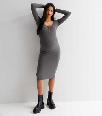 Maternity Dark Grey Ribbed Button Midi Dress