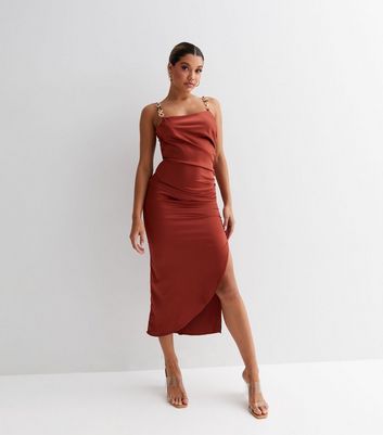 Urban Bliss Rust Satin Square Neck Chain Strappy Midi Dress New Look