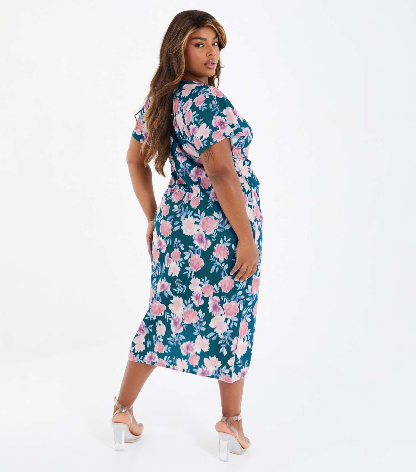 QUIZ Curves Teal Floral Midi Wrap Dress Image 3