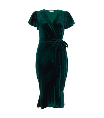 QUIZ Dark Green Velvet V Neck Short Sleeve Frill Midi Wrap Dress New Look |  