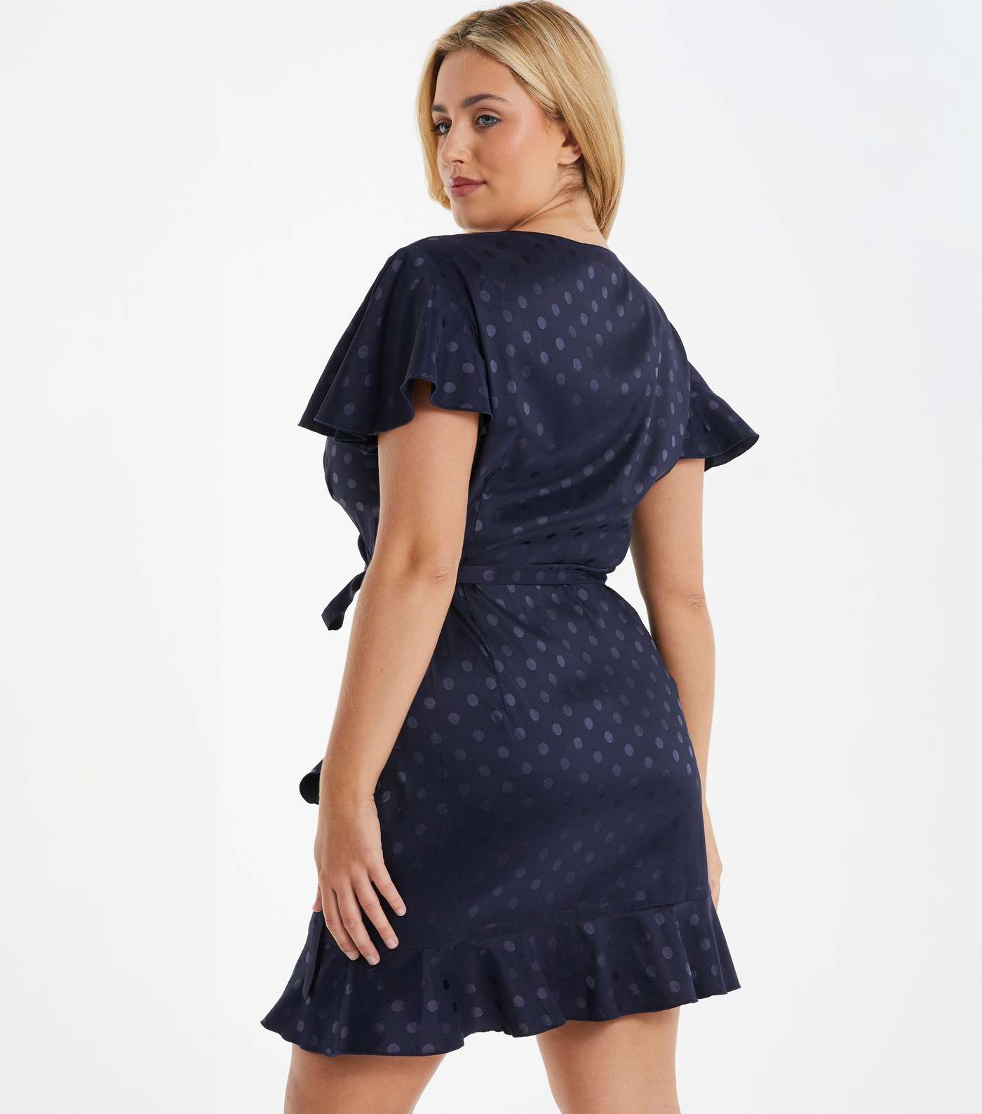 QUIZ Curves Navy Spot Satin Short Flutter Sleeve Mini Wrap Dress Image 3