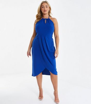 QUIZ Curves Bright Blue Halter Keyhole Midi Wrap Dress New Look