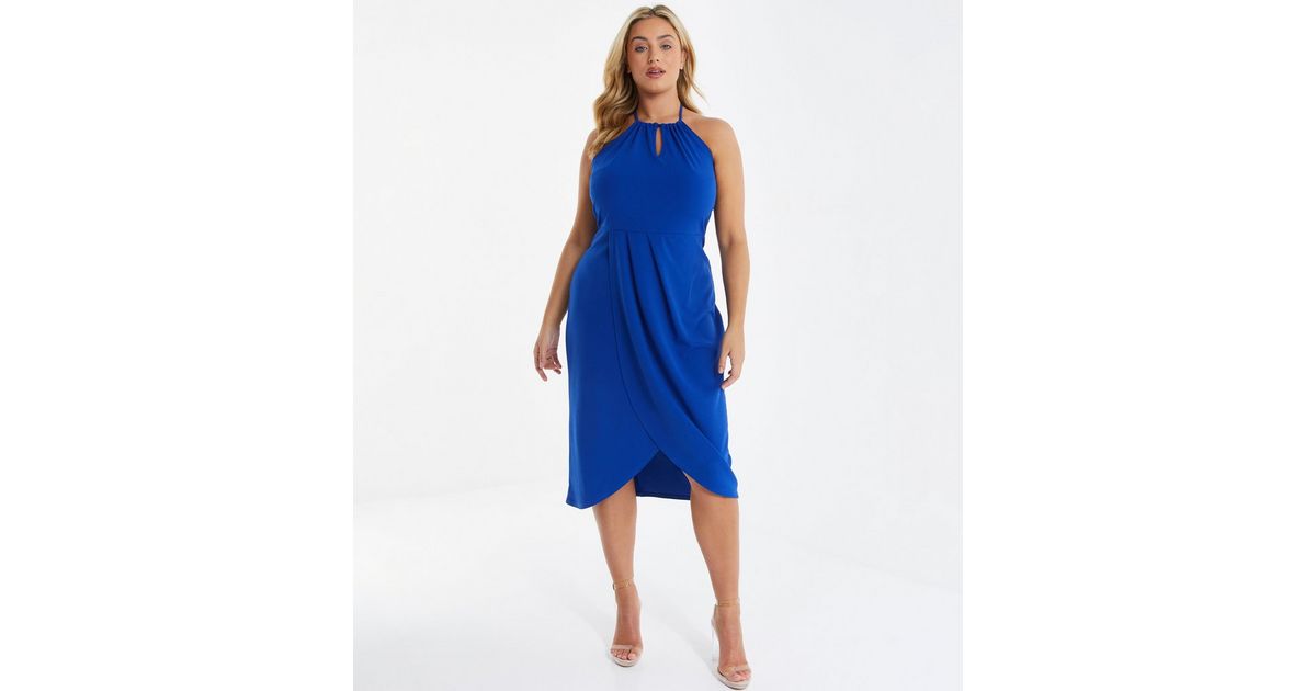 Quiz Curves Bright Blue Halter Keyhole Midi Wrap Dress New Look 