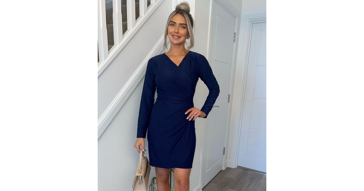 Missfiga Navy V Neck Long Sleeve Mini Wrap Dress New Look