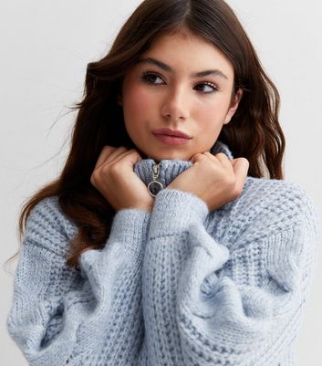 Girls Pale Blue Cable Knit Zip Collared Jumper