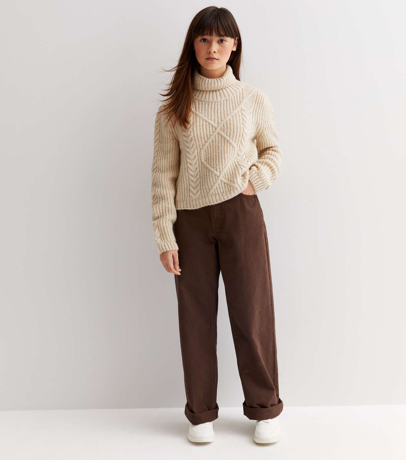 Girls Cream Cable Knit Roll Neck Jumper Image 2
