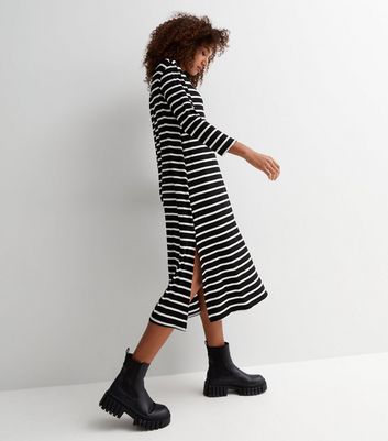 Black Stripe Long Sleeve Oversized Midi T-Shirt Dress