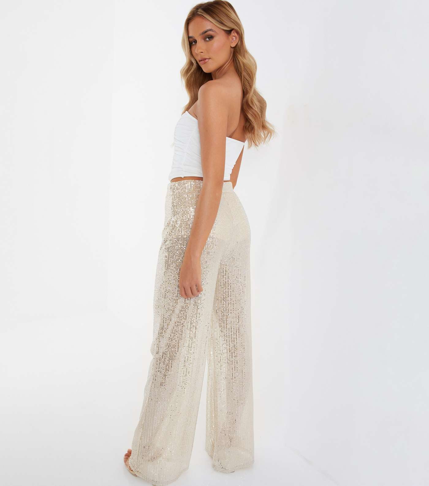 QUIZ Off White Sequin High Waist Wide Leg Trousers Image 3
