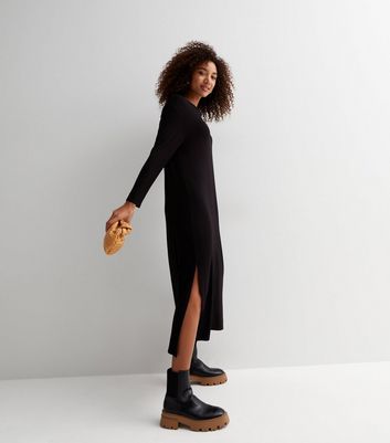 Black Long Sleeve Oversized Midi T-Shirt Dress