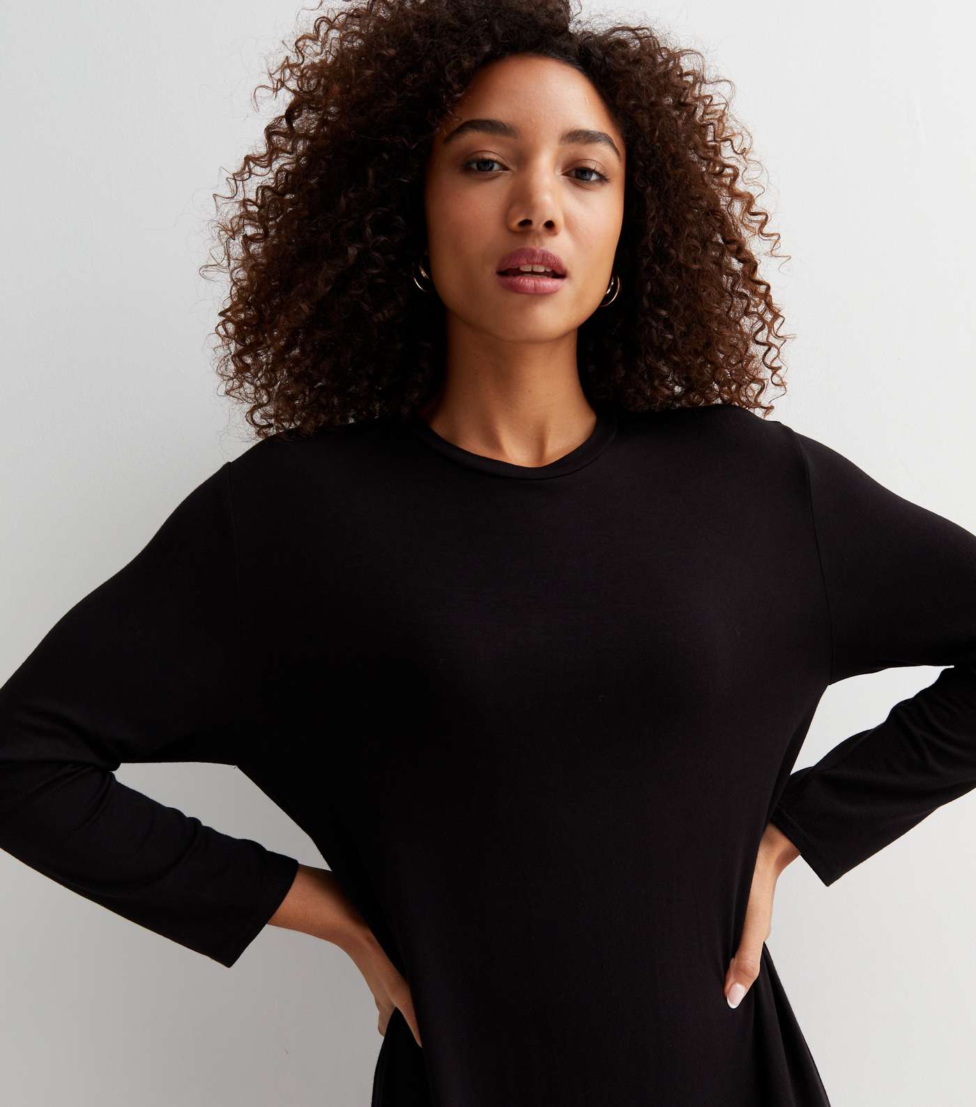 Black Long Sleeve Oversized Midi T-Shirt Dress Image 2