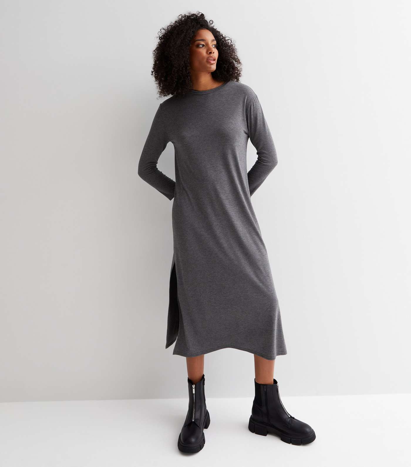 Dark Grey Long Sleeve Oversized Midi T-Shirt Dress Image 2
