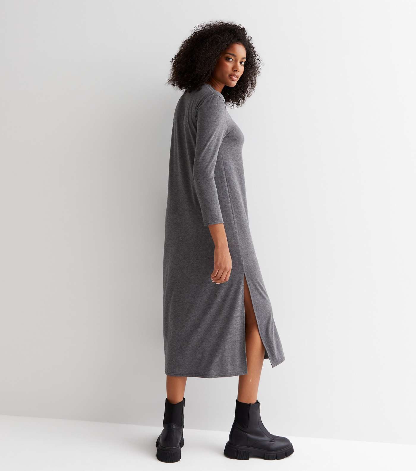 Dark Grey Long Sleeve Oversized Midi T-Shirt Dress Image 4