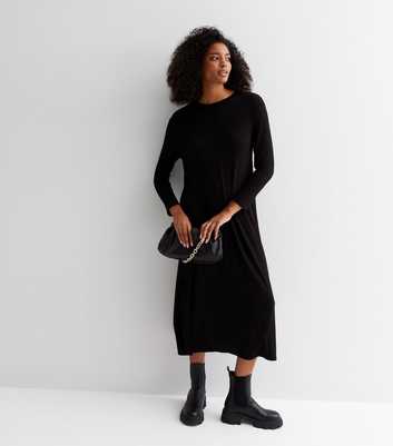 Black Long Sleeve Oversized Midi T-Shirt Dress