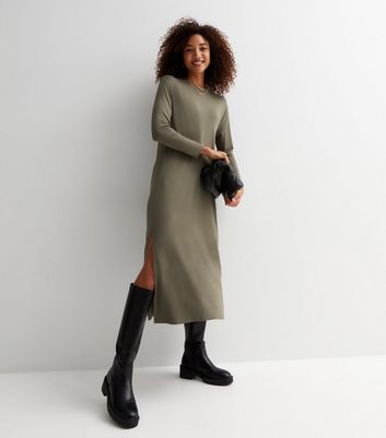 Khaki Long Sleeve Oversized Midi T-Shirt Dress