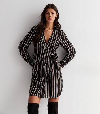 Black Striped Pattern V Neck Wrap Over Long Sleeve Mini Dress New Look