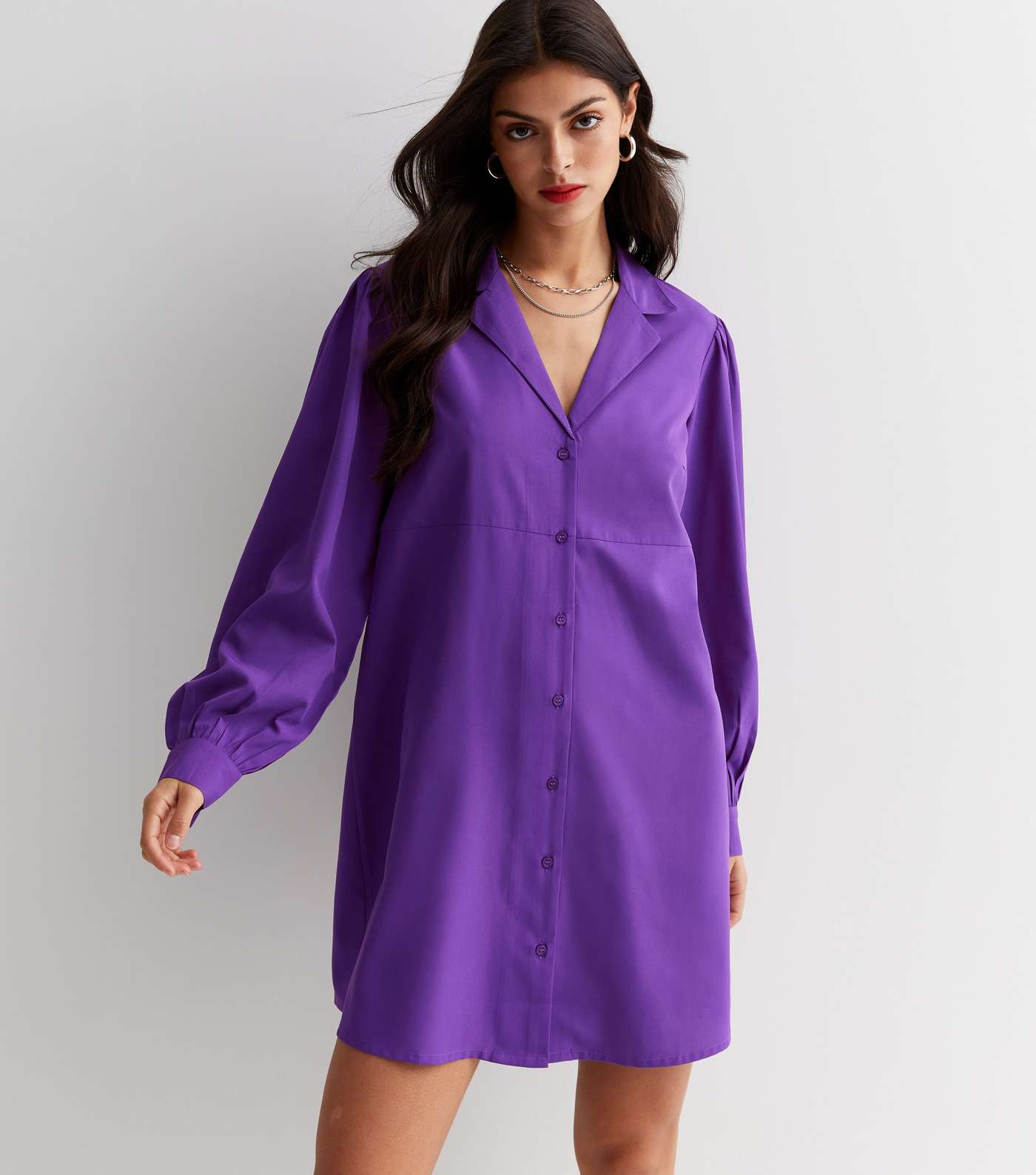 Purple Revere Collar Mini Smock Shirt Dress Image 2