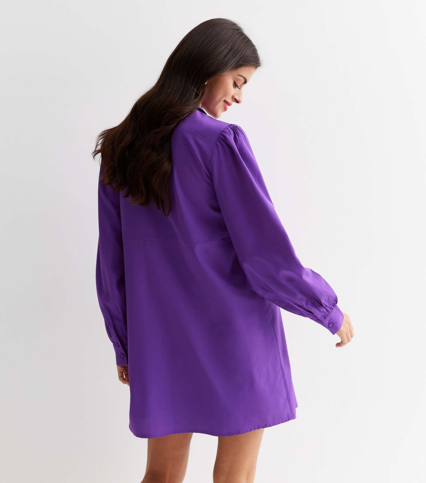 Purple Revere Collar Mini Smock Shirt Dress Image 4