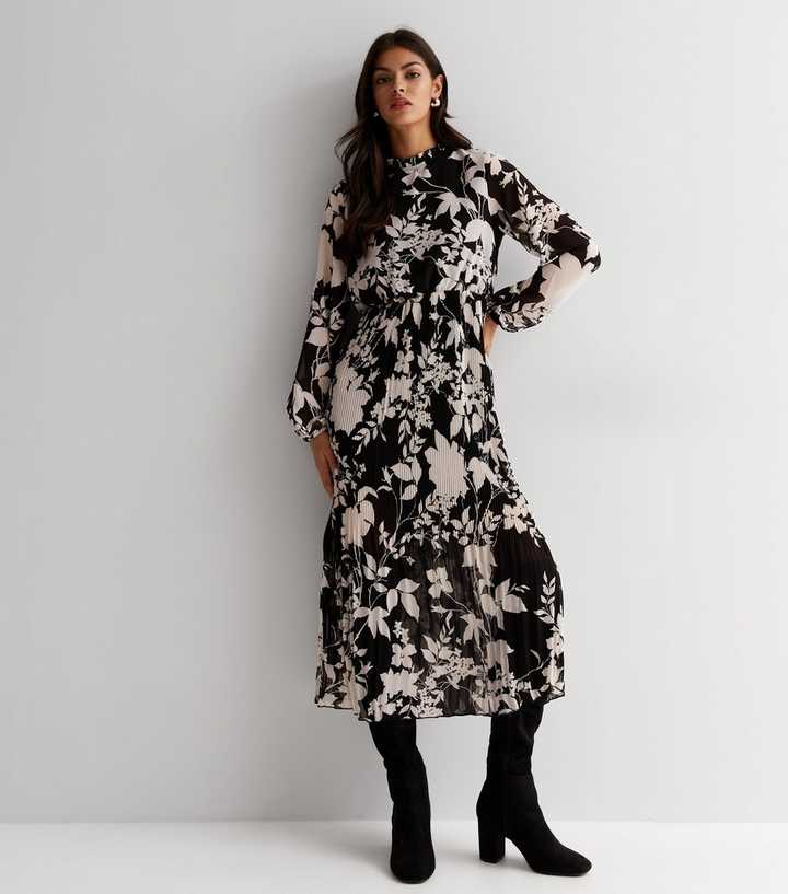 Black Floral High Neck Pleat Skirt Midi Dress
