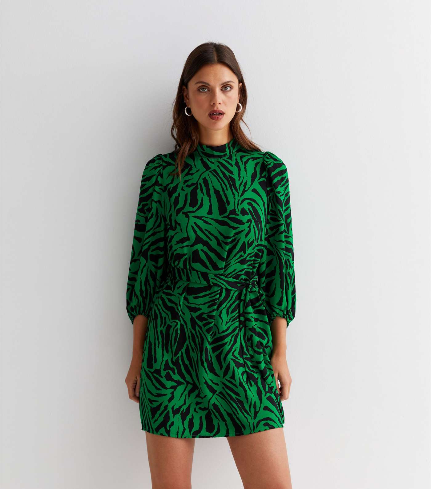 Green Zebra Print High Neck Belted Mini Tunic Dress Image 2