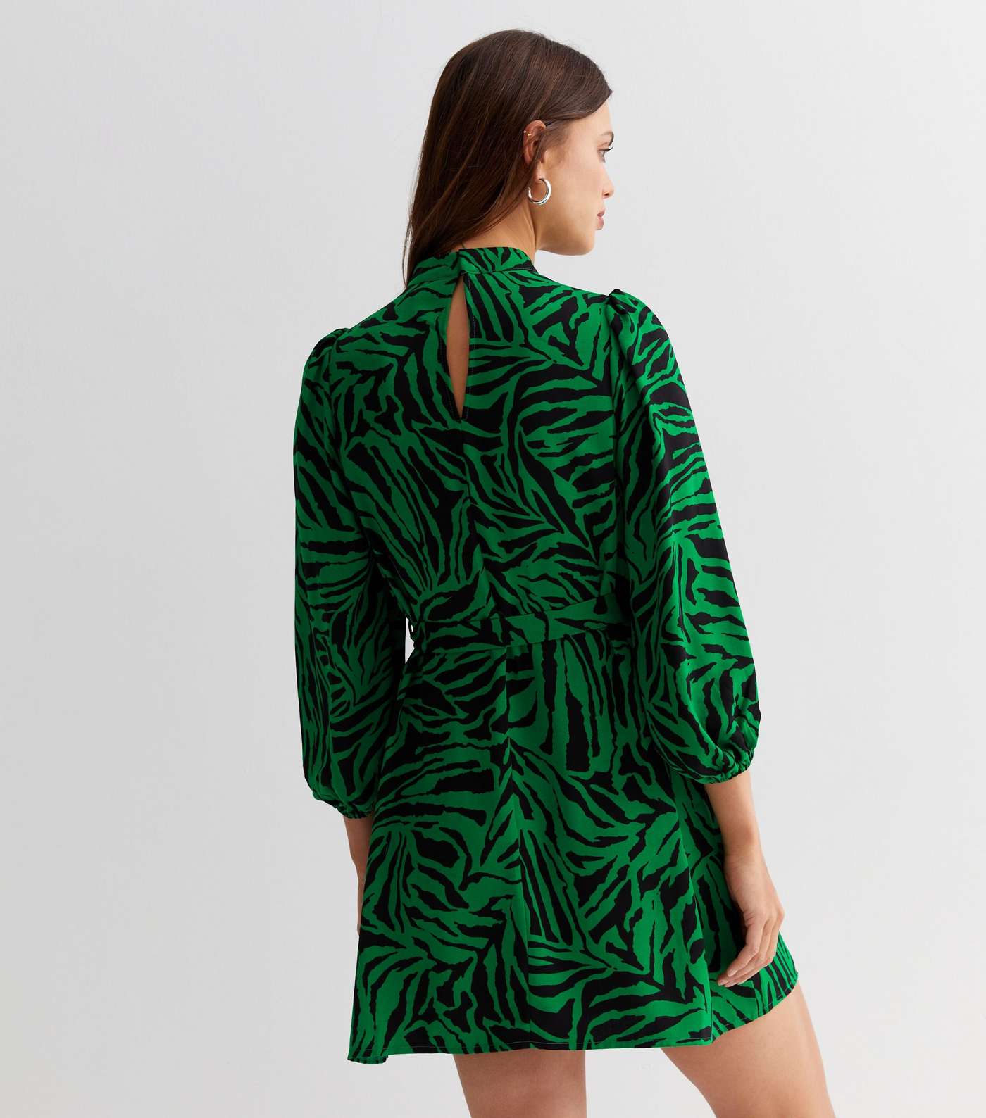 Green Zebra Print High Neck Belted Mini Tunic Dress Image 4