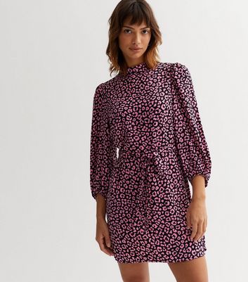 Pink Leopard Print High Neck Belted Mini Tunic Dress