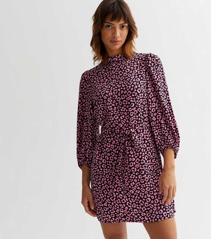 Pink Leopard Print High Neck Belted Mini Tunic Dress New Look