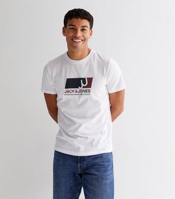 Men's Jack & Jones White Logo Crew T-Shirt New Look
