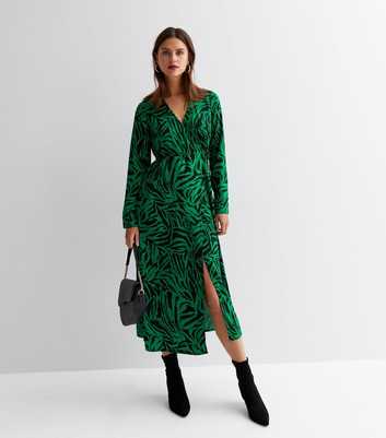 Green Zebra Print Collared Midi Wrap Dress