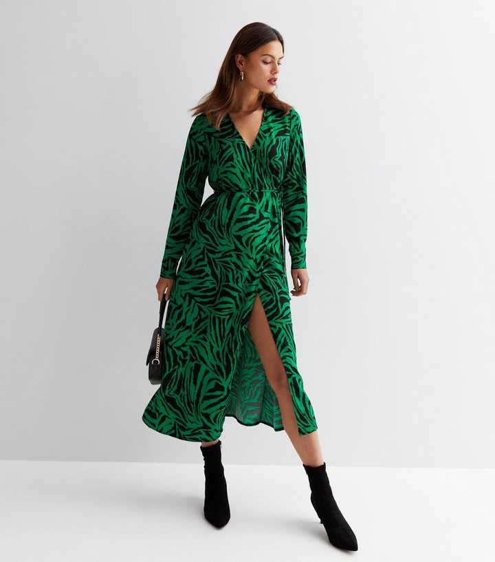 Green Zebra Print Collared Midi Wrap Dress | New Look