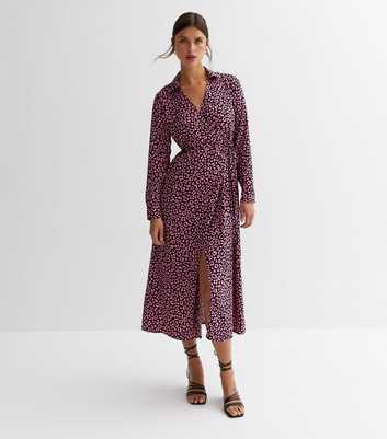 Pink Leopard Print Collared Midi Wrap Dress