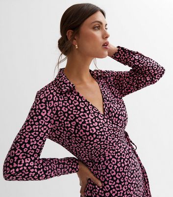 Pink Leopard Print Collared Midi Wrap Dress | New Look