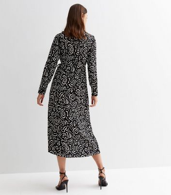 Black Squiggle Print Collared Midi Wrap Dress New Look