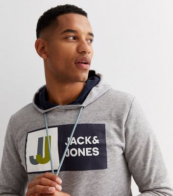 Jack Jones Pale Grey Pocket Front Logo Hoodie New Look