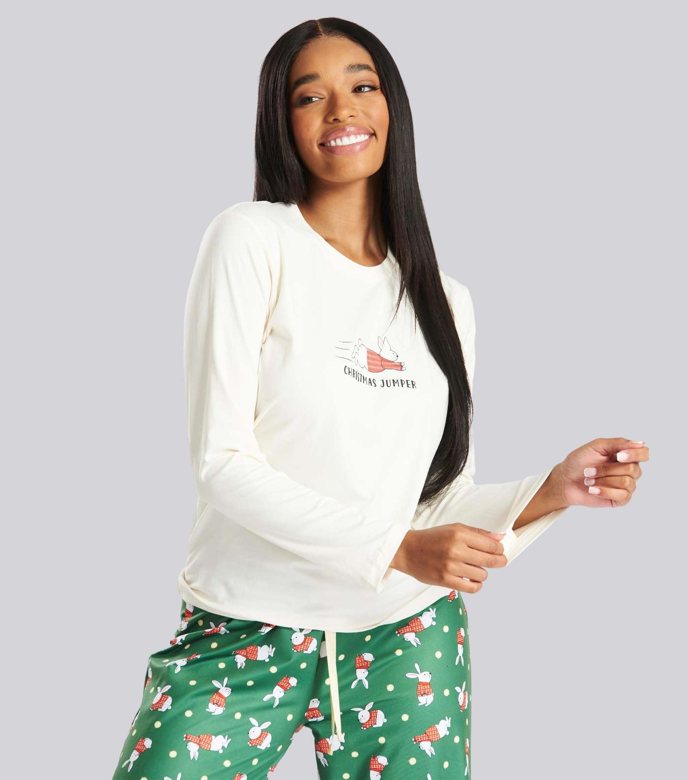 Loungeable Green Trouser Pyjama Set with Bunny Print Image 2