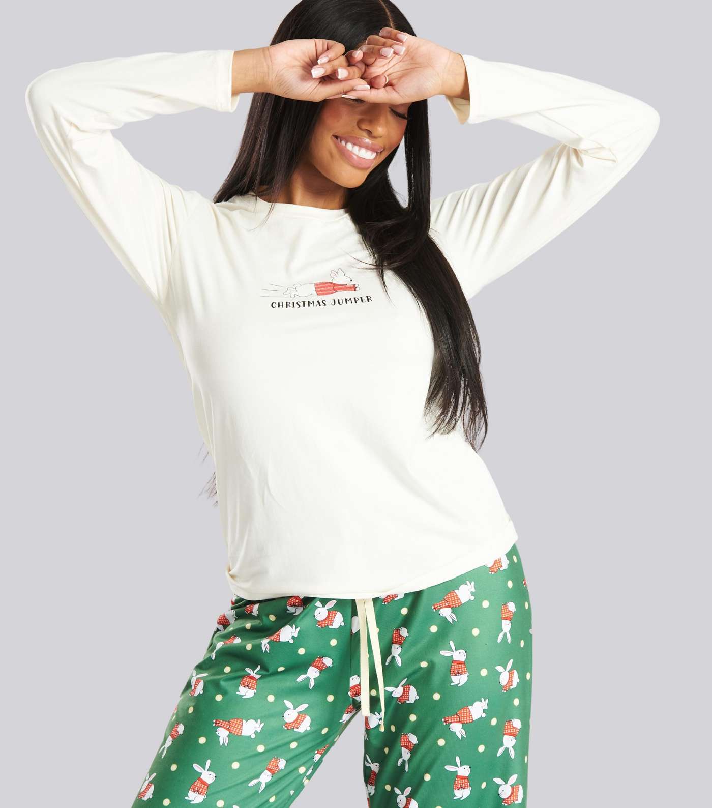 Loungeable Green Trouser Pyjama Set with Bunny Print Image 4