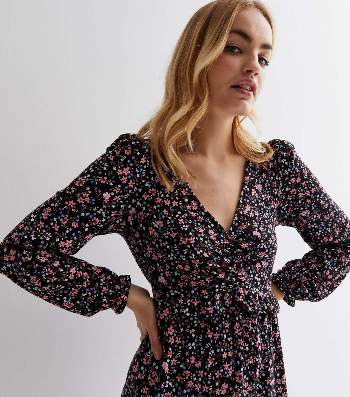 Black Ditsy Floral Jersey Ruched Long Sleeve Mini Dress Image 2
