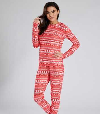 Loungeable Red Christmas Pyjama Set with Fair Isle Print