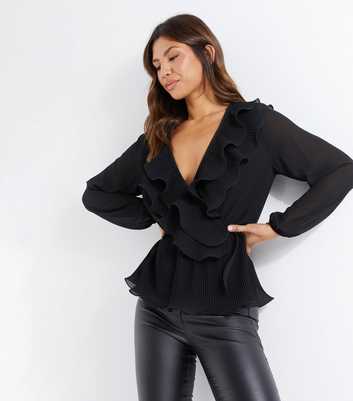 QUIZ Black Chiffon Long Sleeve Frill Peplum Top