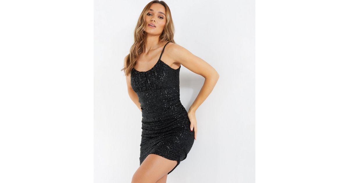 QUIZ Black Sequin Ruched Mini Bodycon Dress | New Look