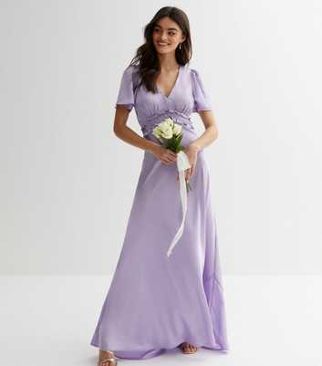 Lilac Satin Flutter Sleeve Ruffle Maxi Dress