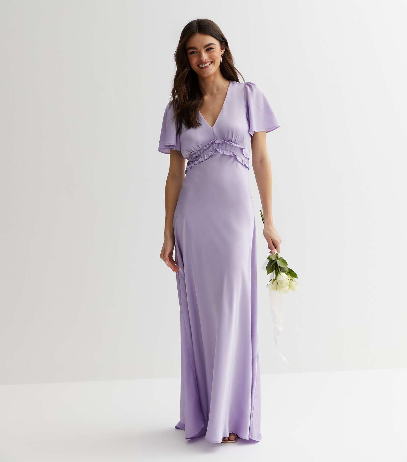Lilac Satin Flutter Sleeve Ruffle Maxi Dress Image 3