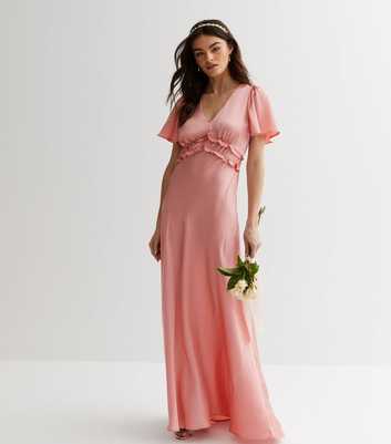Pink Satin Flutter Sleeve Ruffle Maxi Dress