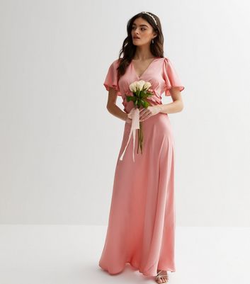 Pink Satin Flutter Sleeve Ruffle Maxi Dress New Look