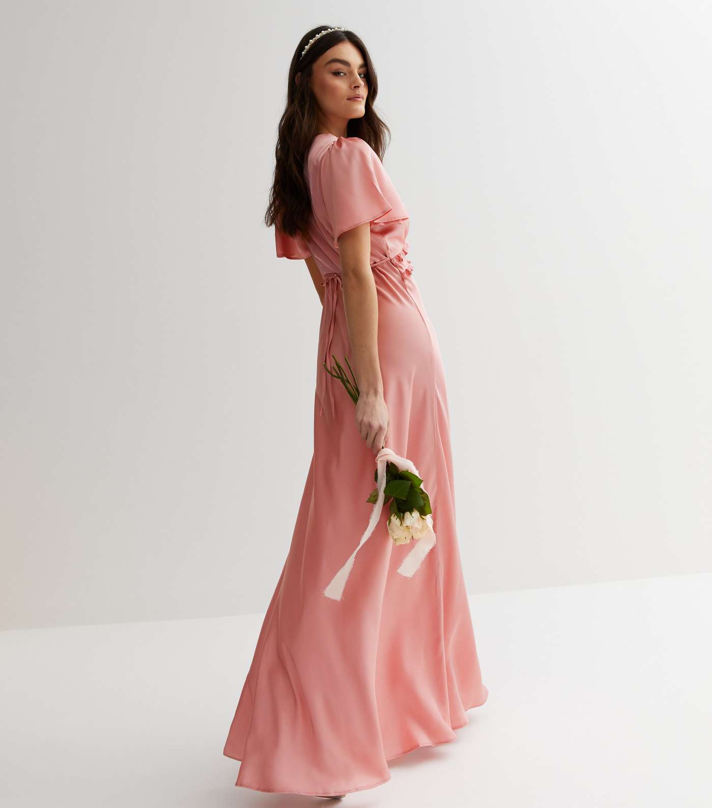 Pink Satin Flutter Sleeve Ruffle Maxi Dress Image 4